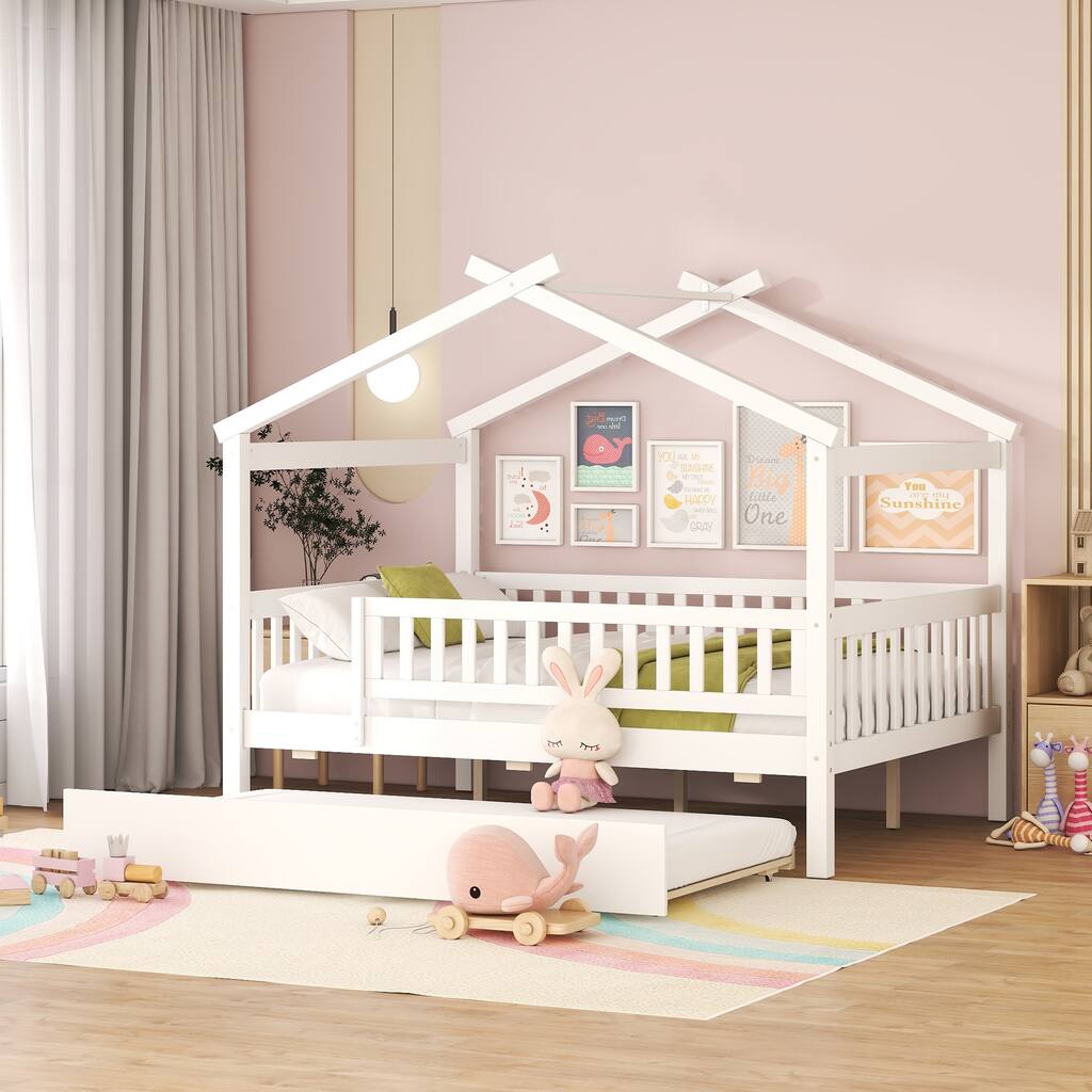 Full Size Wooden House Bed with Twin Size Trundle