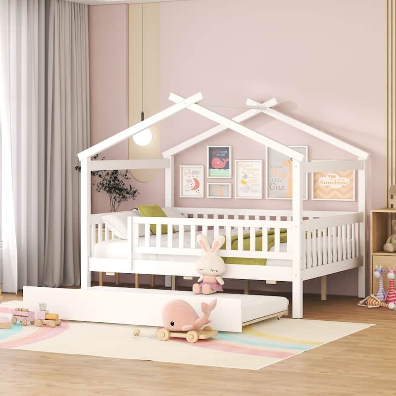 Montessori Bed House Bed with Trundle Bed and Headboard, Wood Daybed Platform Bed Frame No Box Spring Needed for Boys Girls