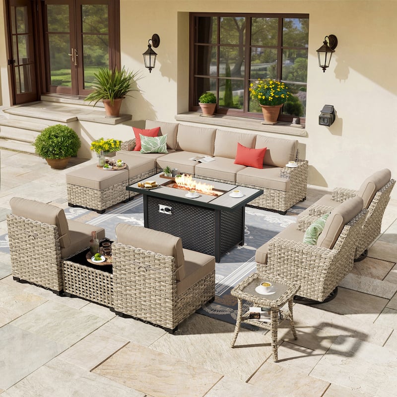 HOOOWOOO 13-piece Outdoor Sofa Patio Wicker Swivel Chair Set with 42" Fire Pit - Beige