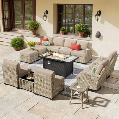 HOOOWOOO 13-piece Outdoor Sofa Patio Wicker Swivel Chair Set with 42" Fire Pit