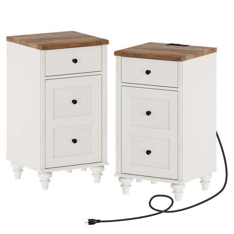 Set of 2 End Tables with Charging Station & Drawer Storage Cabinet - Off White