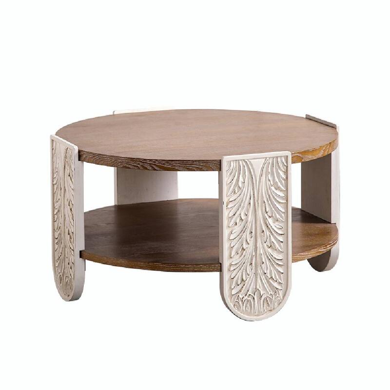 Carved Wooden Coffee Table, Retro End Table with Double-Layer Storage