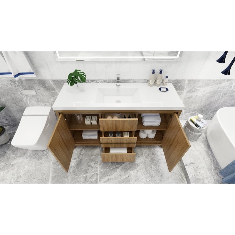 dolce 60 natural oak finish freestanding bath vanity with single basin reinforced acrylic top