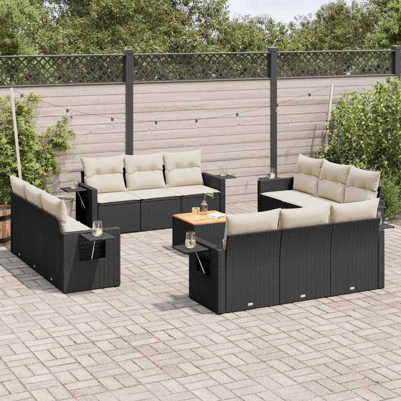vidaXL Garden Sofa Set 13 Piece with Cushions Outdoor Sofa Set Poly Rattan - Black and Cream - 21.7 x 21.7 x 14.6 in. (W x L x H)