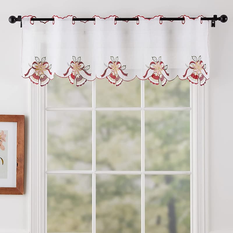 Violet Linen Seasonal Xmas Christmas Holiday Berry Pattern, Embroidered, 60" x 15", Straight, Grommet Curtain Valance - Poinsettia