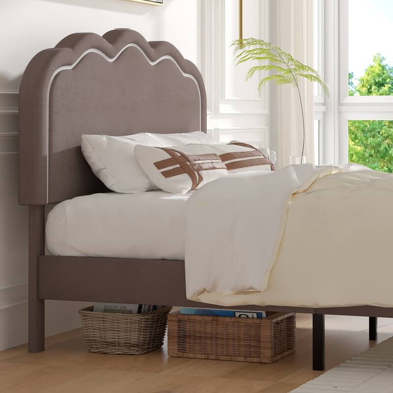 VECELO Luxury Velvet Smart Bed Frame with RGB Headboard & USB/Type-C Charging Height-Adjustable Headboard