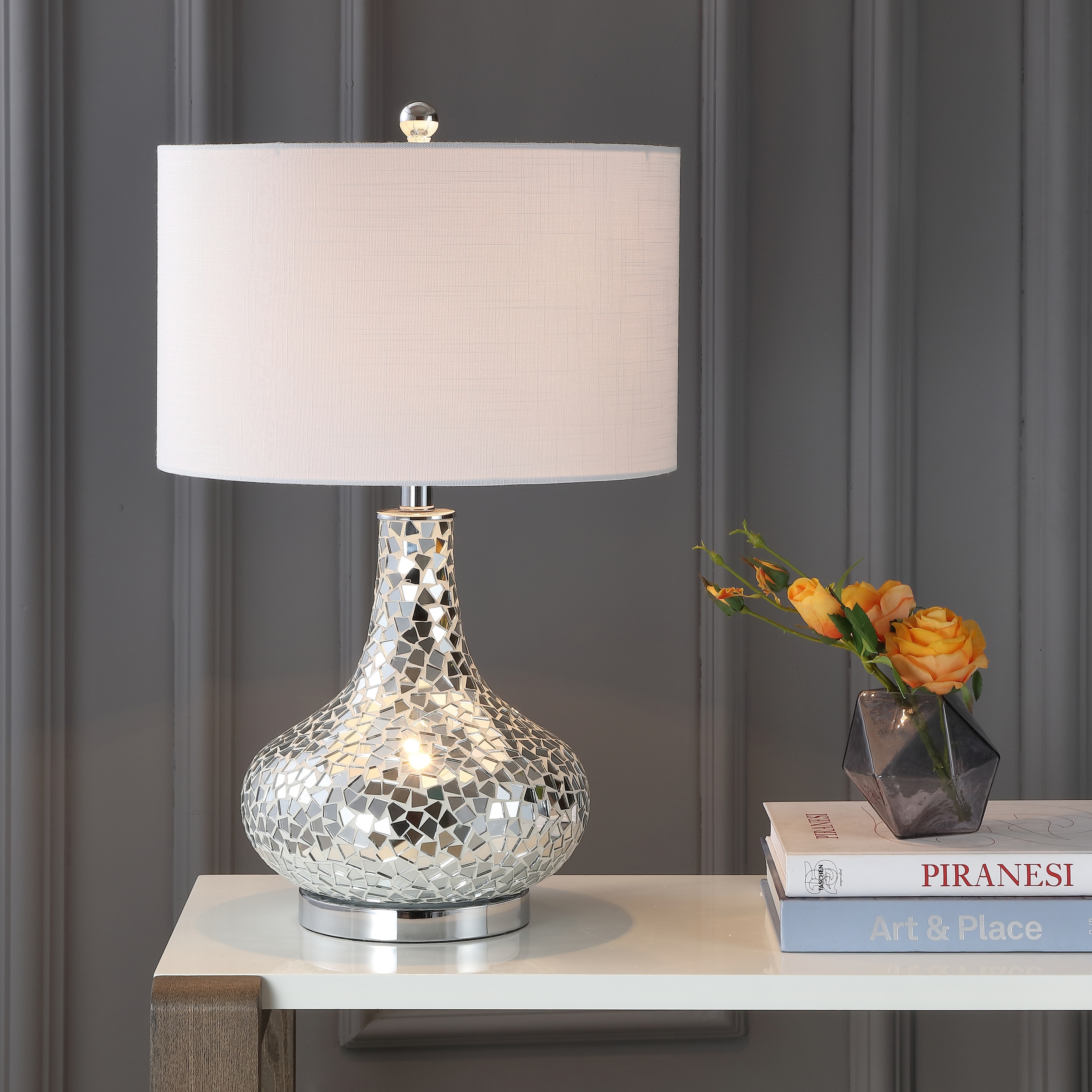 JONATHAN Y Liam 26" Mirrored Mosaic LED Table Lamp, Silver