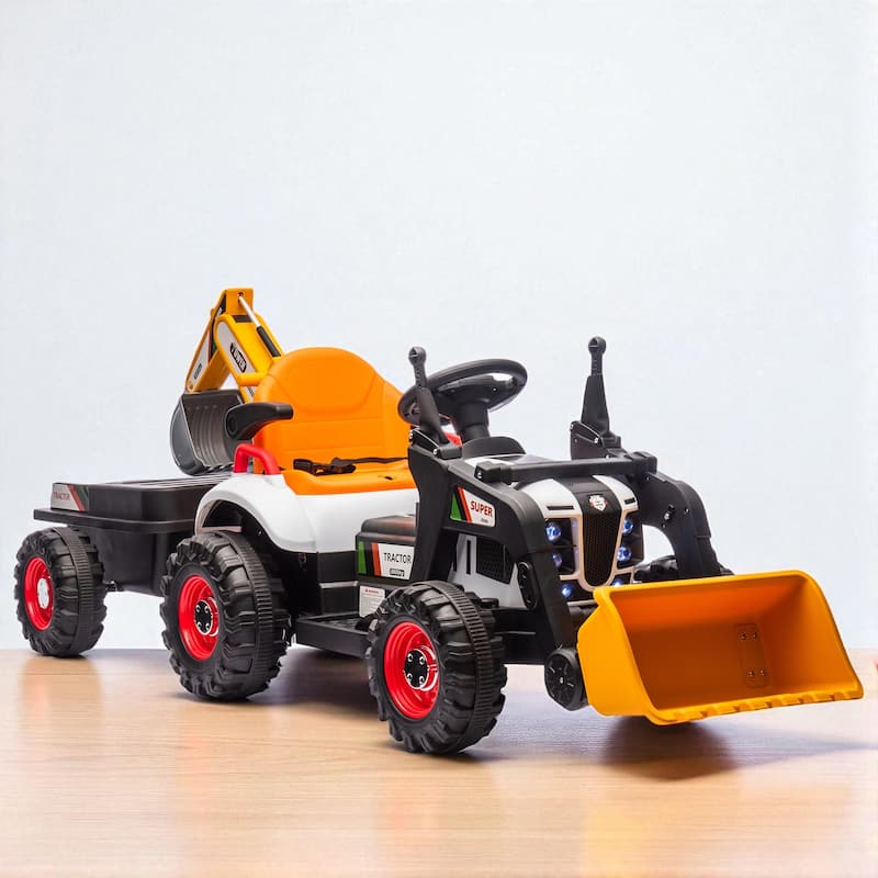 24V Kids Ride-On Tractor with 4-in-1 Construction Attachments, Parent Remote, 3-Speed, LED Lights, Music - Orange