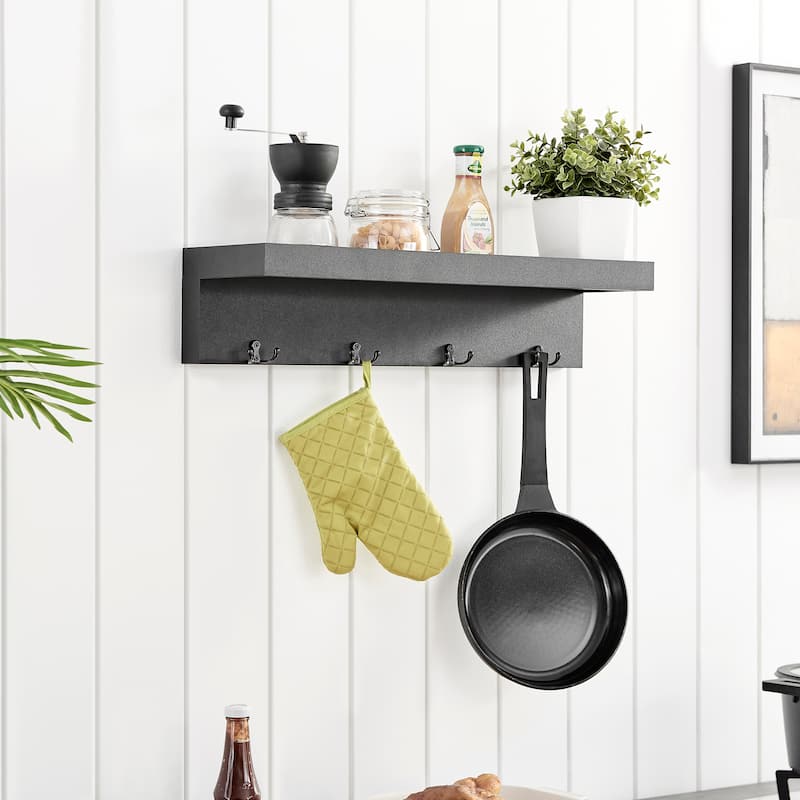 Danya B. Entryway Wall Coat Rack with Decorative Ledge Shelf and Hooks - Black