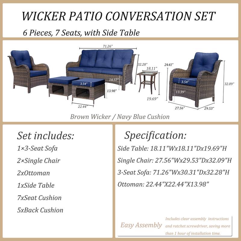 6 Piece Outdoor Patio Conversation Furniture Wicker High Back Sofa Set