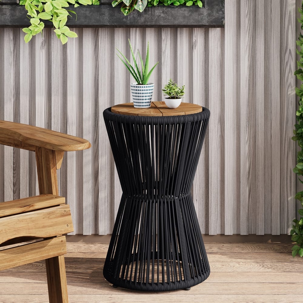 Christopher Knight Home - 25.8"H Modern Outdoor Acacia Wood and Woven Rope Side Table, Tapered Cylindrical Silhouettes Design