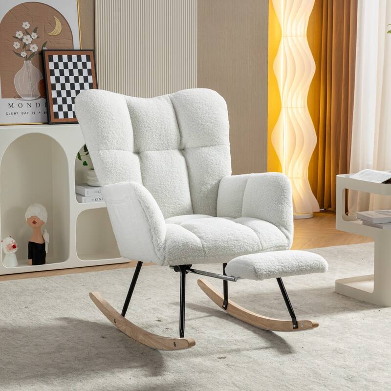 Modern Teddy Fabric Living Room Rocking Chair with Adjustable Footrest - White
