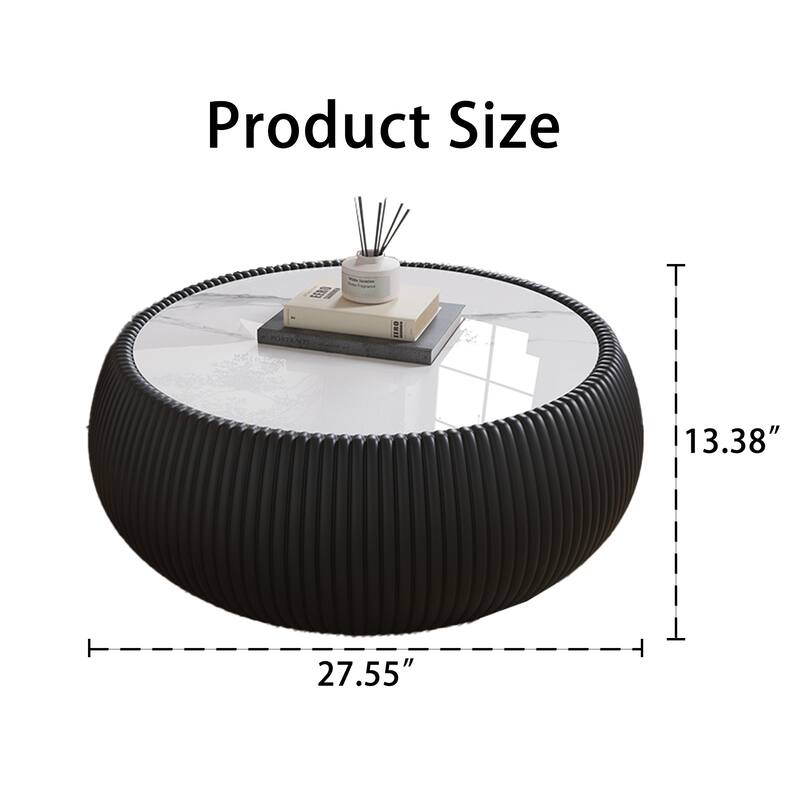 27.55" Round Coffee Table, Faux Marble Top Drum Shape Low Coffee Table, Modern Center Table with Leather Frame for Living Room