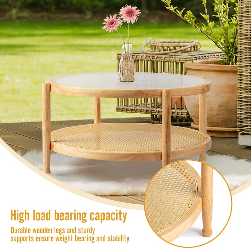 31.5in Rattan Coffee Table with Tempered Glass Top and Hand-Woven Shelf for Indoor Outdoor - 31.5” x 31.5” x 17.3”