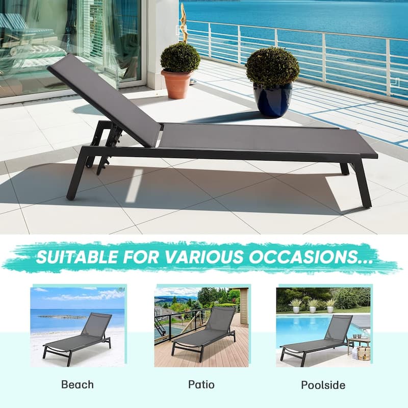 Erommy Outdoor Chaise Lounge, Aluminum Patio Lounge Chair with Wheels, All-Weather Five-Position Adjustable Reclining Chair
