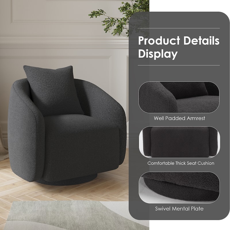 Swivel Accent Chair, Barrel Armchair with Back Pillow & Wood Frame for Living Room, Bedroom, Office