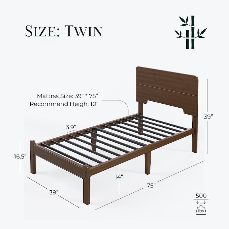 Walnut-colored solid wood and bamboo bed frame with headboard, easy to assemble, no box springs required