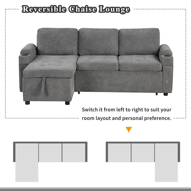 83.5" L-shaped Sofa Couch Convertible Sofa Bed Sectional Sofa with Ample Storage Space, Two Cup Holders and Two USB Ports
