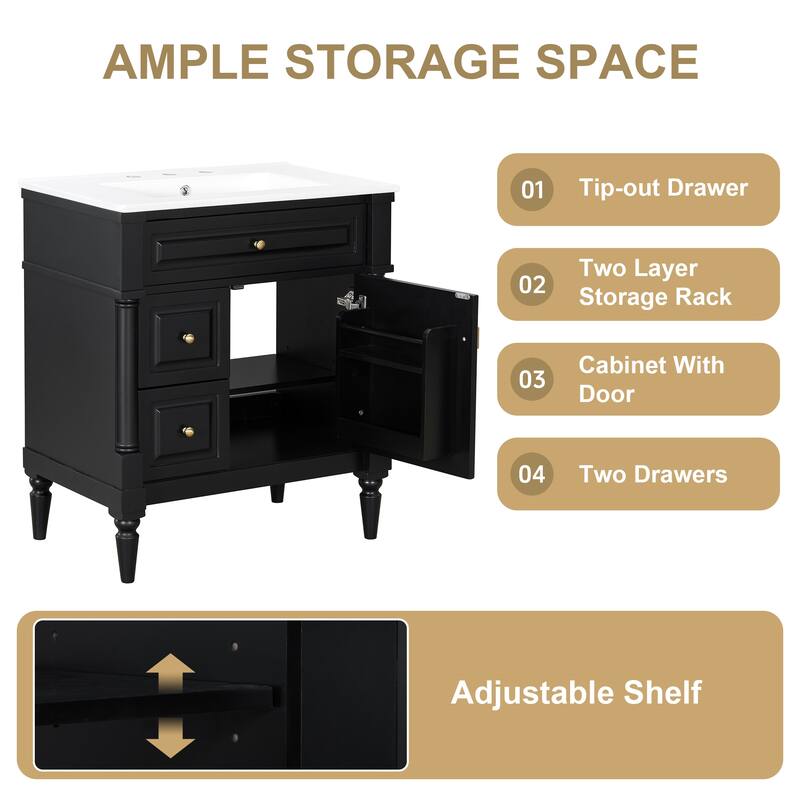 30" Bathroom Vanity with Sink, Freestanding Solid Rubberwood Cabinet with Flip Drawer & Adjustable Shelf