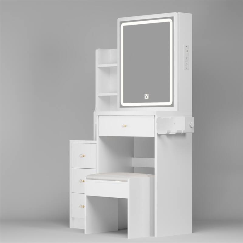 Small Space Left Bedside Cabinet Vanity Table + Cushioned Stool