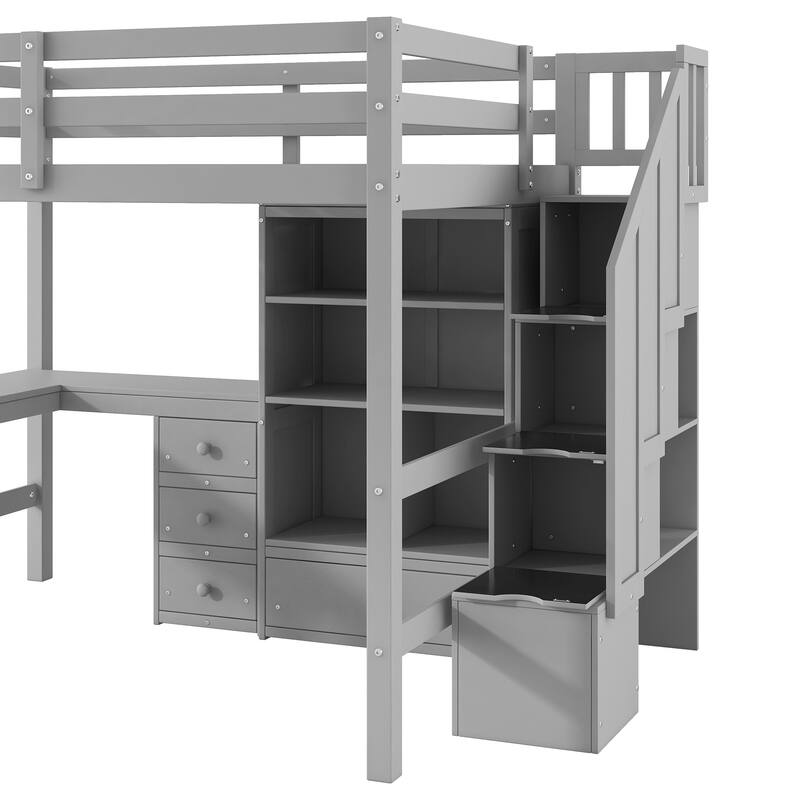 Full Size Loft Bed with L-Shaped Desk and Drawers, Cabinet and Storage Staircase