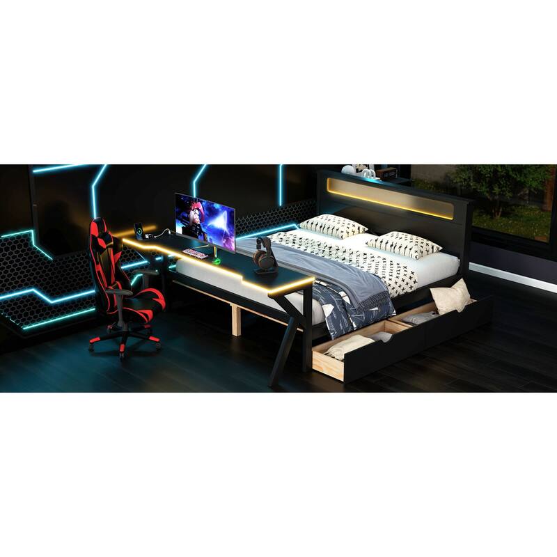 Roomfitters Twin/Full Wooden Gaming Platform Bed with LED Headboard, Desk and Drawers, Black
