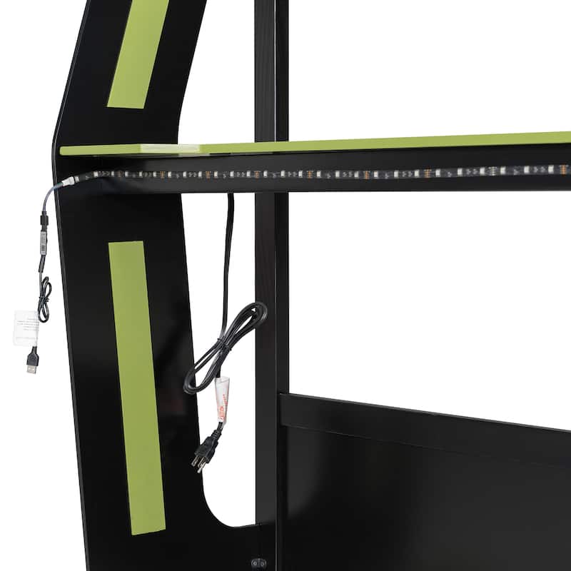 Esports Loft Bed Full Over Full Bunk Bed Frame with Side Mounted Desk, Light Strip, Charging Station and Cable Grommet