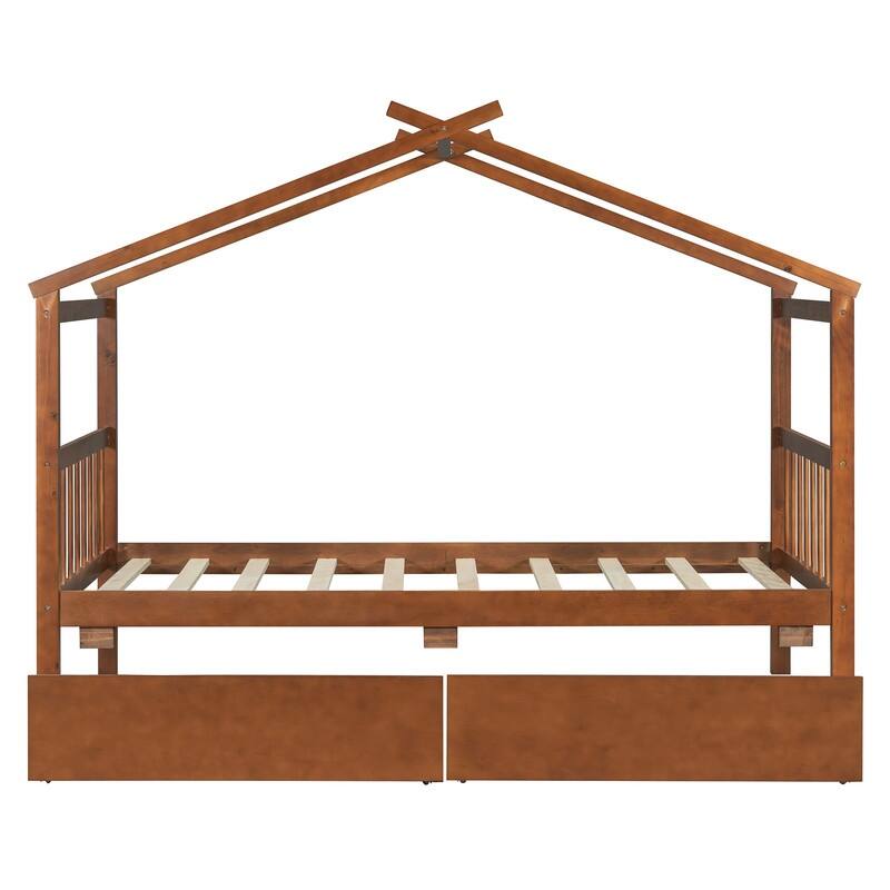 Twin Size Wooden House Bed with 2 Drawers