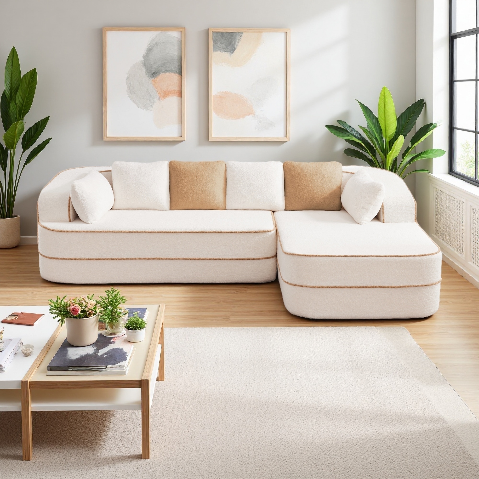 105.9" Teddy Fabric L-Shaped Sectional Sofa with Chaise, Contrast Color, No Assembly