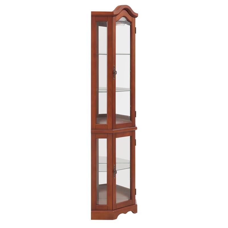 Elegant Walnut Corner Curio Cabinet with Lights, Tempered Glass Shelves, and Mirrored Back for Collectibles