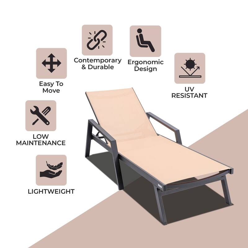 Marlin Outdoor Sun Chaise Lounge Chair with Arms - Stackable Mesh Recliner for Pool, Beach, Patio, Garden, Deck or Backyard