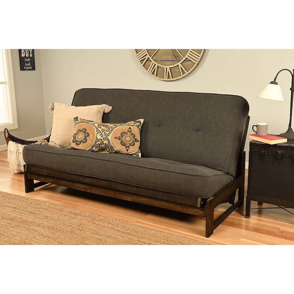 Full Size Futon Frame - Hardwood Futon Sofa Bed - Reclaimed Mocha Finish - Linen Charcoal Mattress