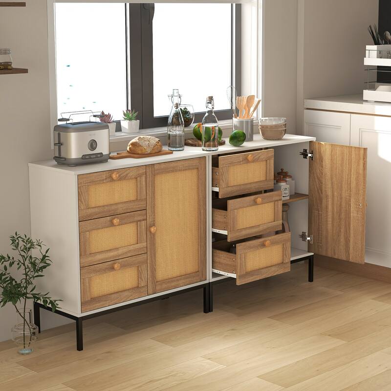 Gymax Set of 2 Rattan Sideboard Buffet Cabinet Accent Cabinet w/ 1