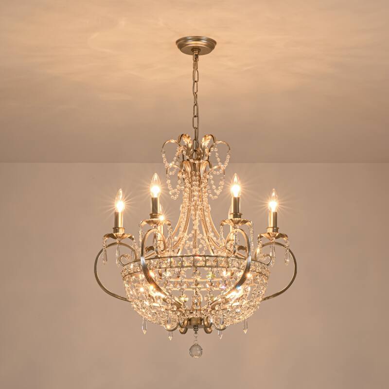 9-Light 24.4" W Crystal Chandelier in Antiqued Brushed Silver with Teardrop Pendants for Use in Living & Dining Room