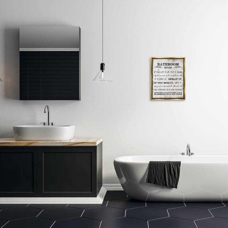 Stupell Bathroom Rules Funny Word Wood Textured Design Floater Frame - Beige