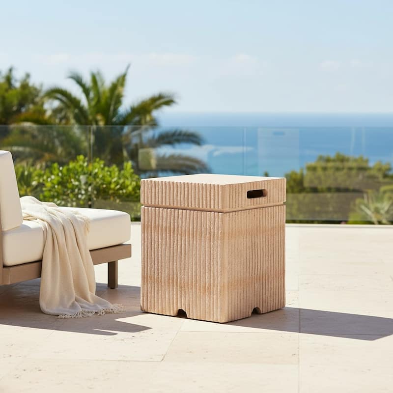 Christopher Knight Home - Olbia 16.15x20" Outdoor 2-in-1 Travertine MgO Propane Tank Holder/Side Table for Multiple Use