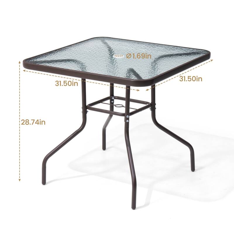Crestlive Outdoor Dining Bistro Table with Square Glass Top and Umbrella Hole - 31.50" L x 31.50" W x 28.74" H
