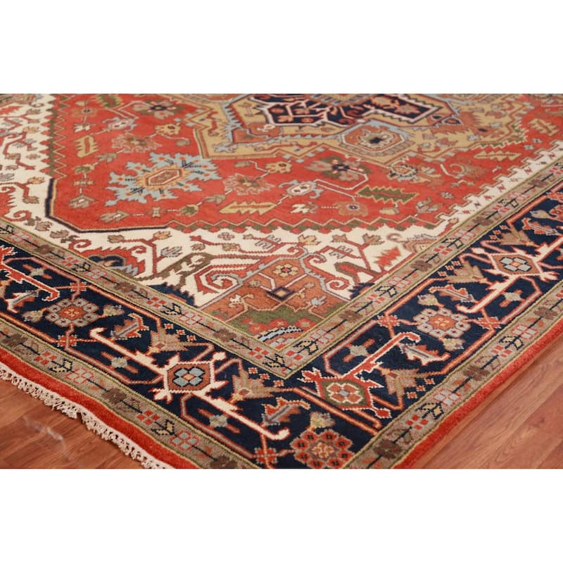 Geometric Heriz Serapi Indian Rug Hand-Knotted Oriental Wool Carpet - 8'11" x 11'11"