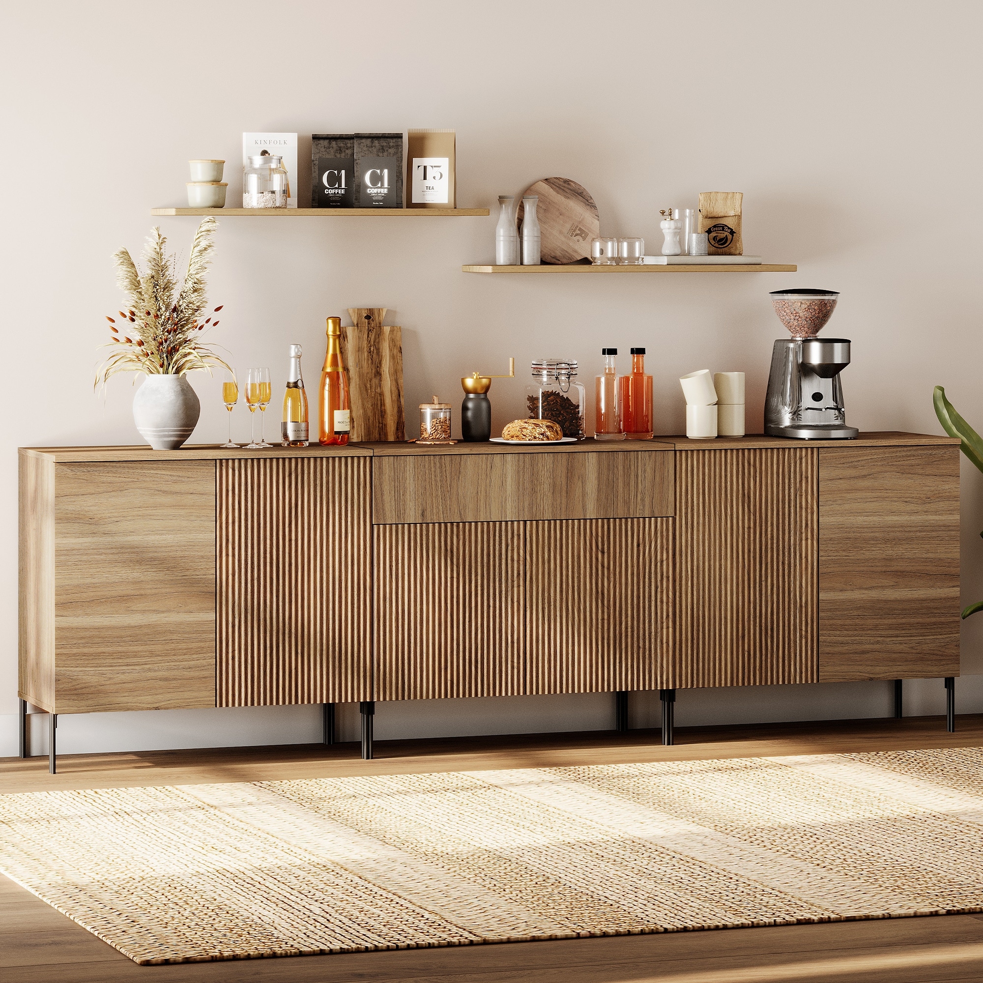 94.5 inch Modern Reeded Minimalist Sideboard with Doors and Drawers, 3-In-1 Wooden Credenza Storage Cabinet for Kitchen, Dining Room, W11R308PC+