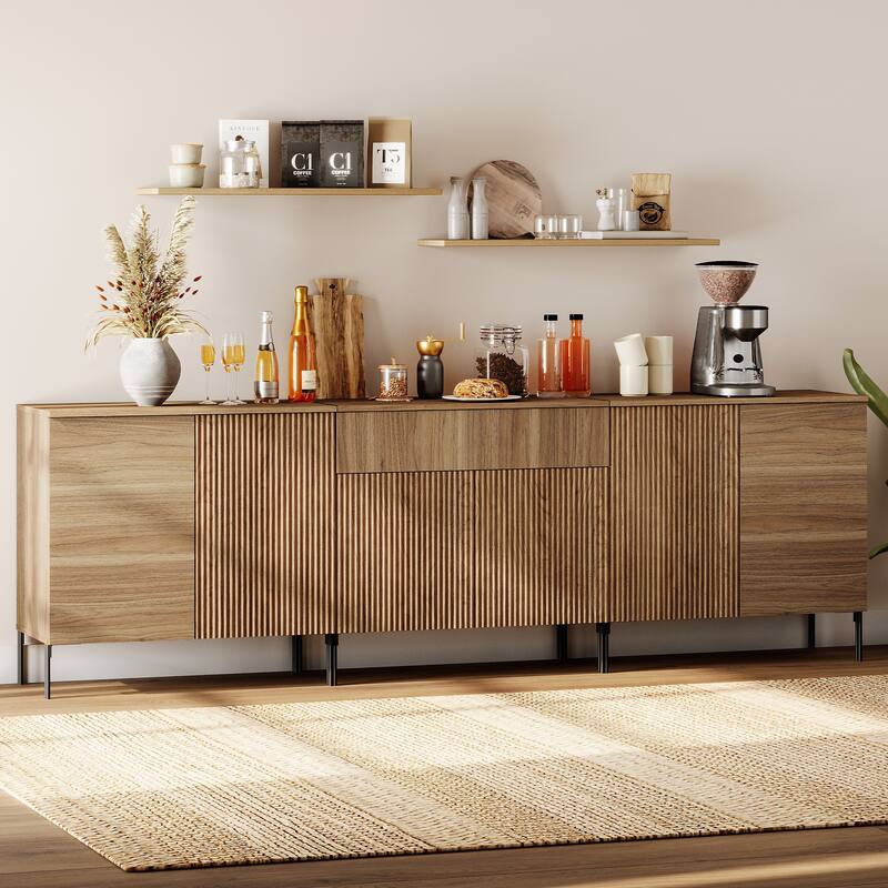 94.5" Modern Reeded 6-Door Sideboard With Drawers, 3-In-1 Wooden Credenza