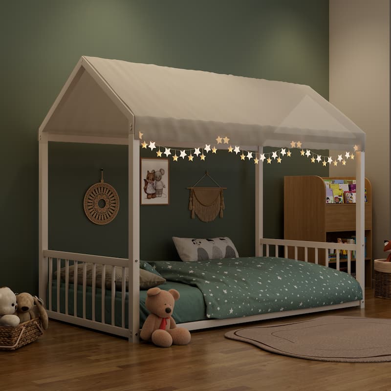Montessori Style Metal Floor Bed Frame, House Shaped Bed for Kids and Toddlers, No Slats, House Bed - White Vertical - Twin