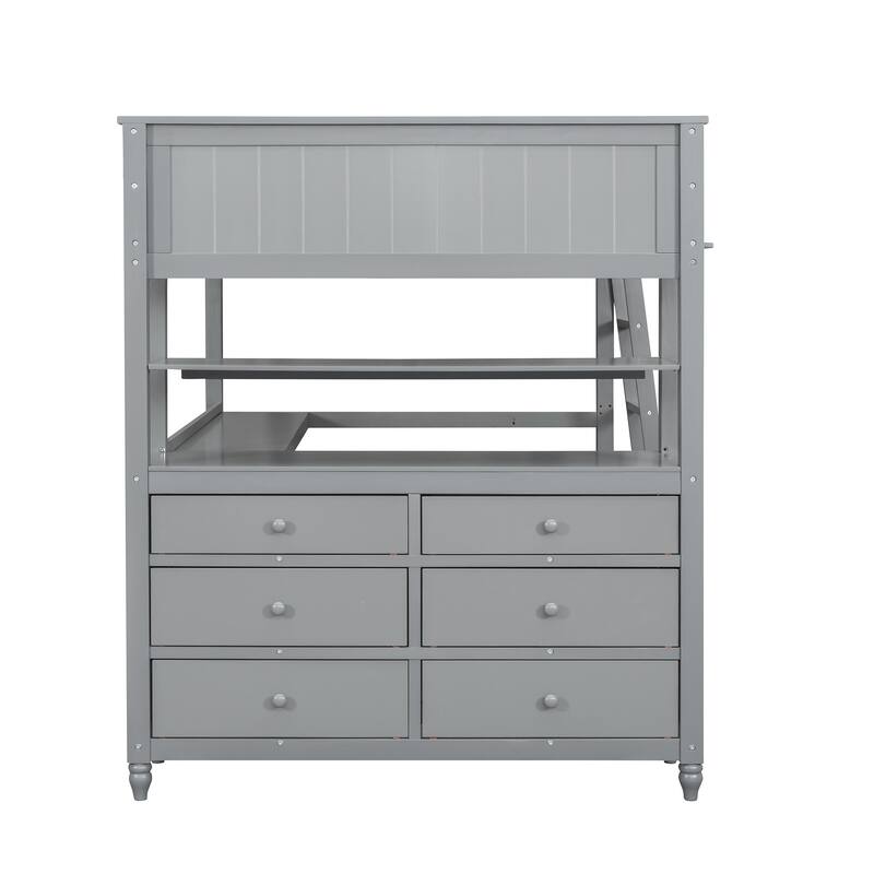 Full Size Loft Bed with Drawers and Writing Desk, Wooden Storage Bed with Shelves, Safety Guardrails and Ladder