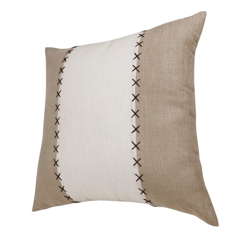 Sevita Hand-Woven Gray/Tan Patchwork Linen Throw Pillow, 20" x 20"