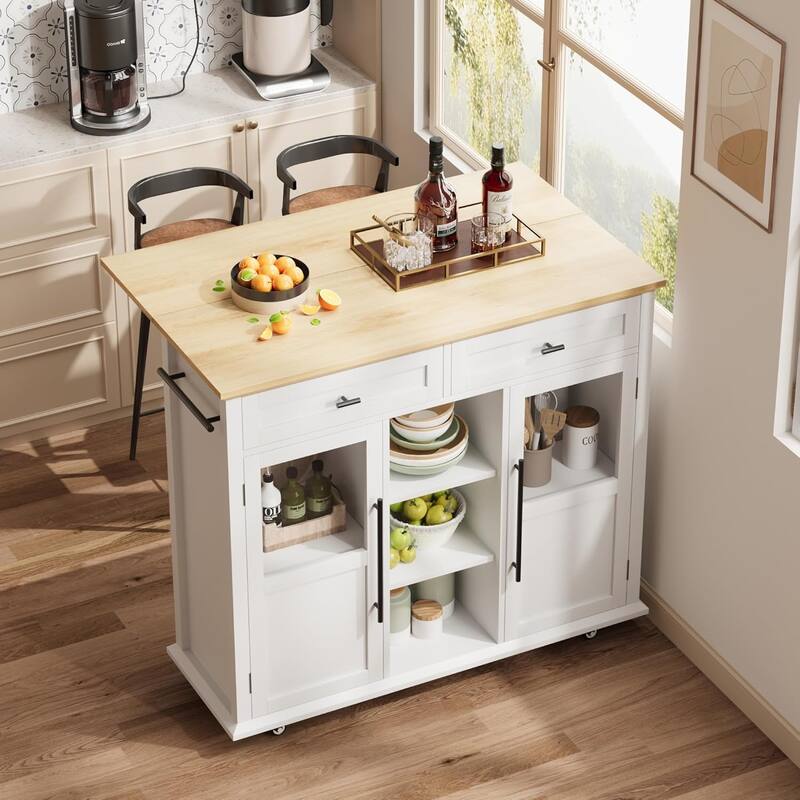 Kitchen Island, Rolling Kitchen Island Cart On Wheels With Widen Drop Leaf Top, 2 Glass Doors, Spice Rack & Towel Holder