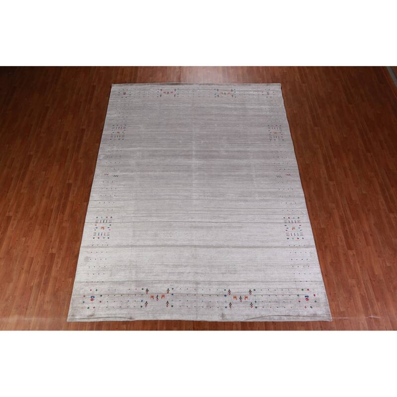 Hand Knotted Oriental Viscose Silk Carpet Tribal Stripe Greys & Charcoal Gabbeh Area Rug - 12' 5'' X 9' 3''