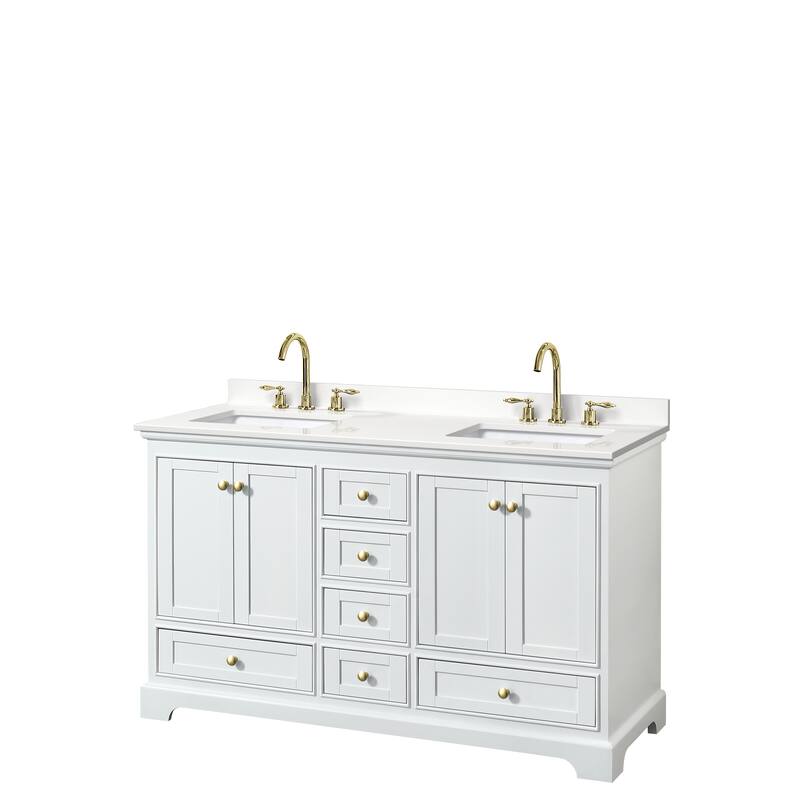 Deborah 60-inch Double Vanity, Quartz Top - White, Gold Trim, White Quartz Top