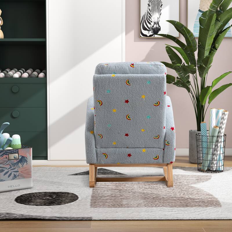 26.8'' Wooden Boucle Upholstered High Back Rocking Chair with Side Pocket: Ideal for Nursery, Living Room