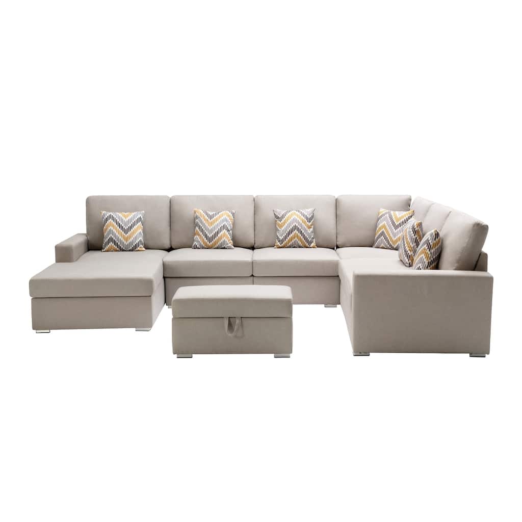 Linen Fabric 7 Piece Reversible Chaise Sectional Sofa with Interchangeable Legs, 7 Pillows and Storage Ottoman