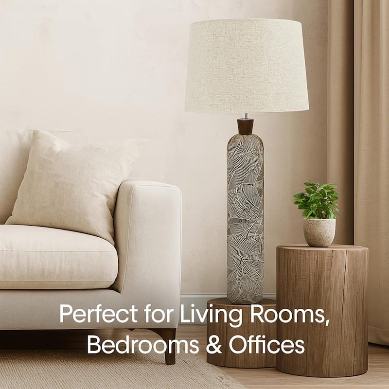 Brown 38 Inch Textured Resin Floor Lamp with Neutral Linen Drum Light