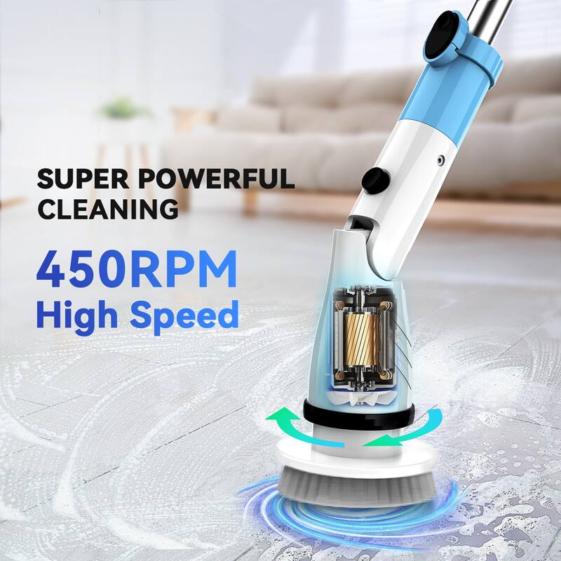 Cordless Cleaning Brush with 5 Replaceable Heads Adjustable Telescopic Handle - Off White+Blue - 27 to 47 inches